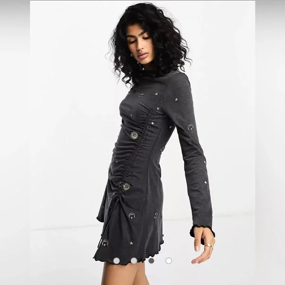 ASOS long sleeve mini dress with sun and moon embroidery sz 10 - Picture 2 of 9